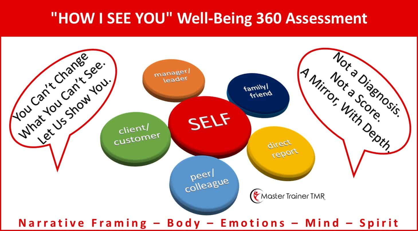 Multicolor image titles "HOW I SEE YOU Well-Being 360 Assessment" with "Self" at the center of 5 circles representing family/friend, direct report, manager/leader, client/customer, and peer/colleague.