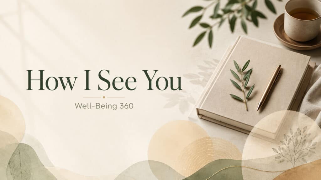 How I See You - Well-Being 360 Inspirational image with a notebook, pen, and coffee cup on a table, promoting self-awareness and well-being.